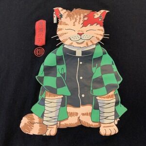 Romwe Cat Anime Shirt Mens Large Black Green Demon Slayer Inspired Graphic Tee